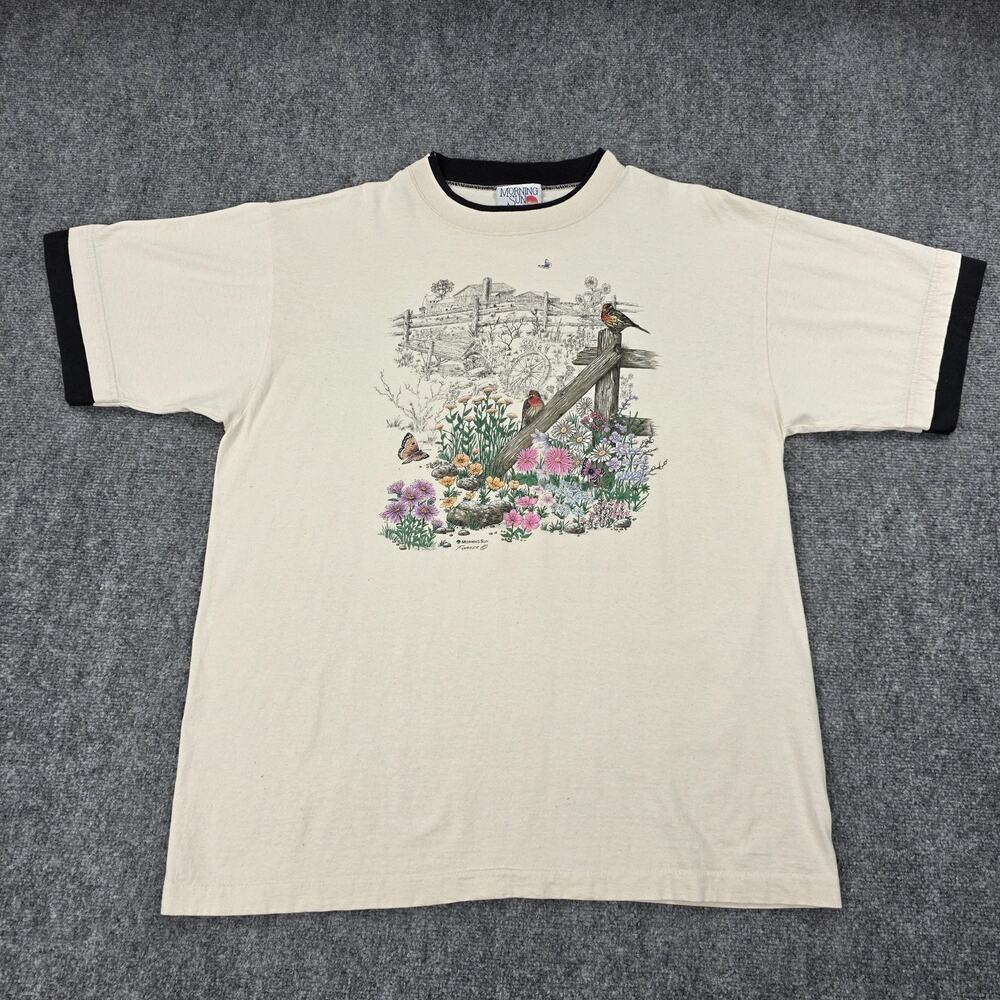 Vintage Morning Sun Shirt Mens XL Cream Ringer Bird Floral Nature Graphic USA